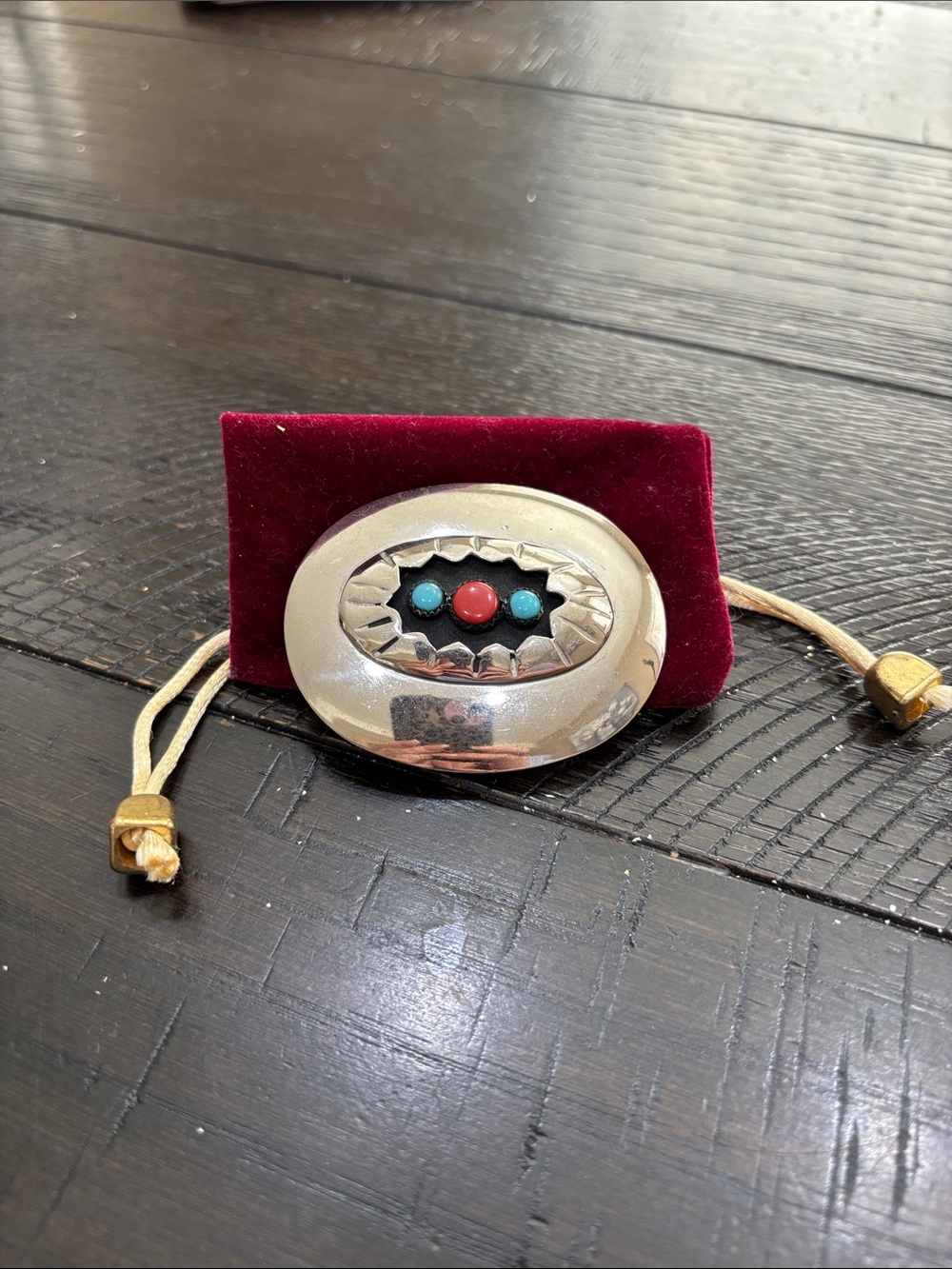 Vintage BC Silver Oval belt buckle with Turquoise & Coral Stones